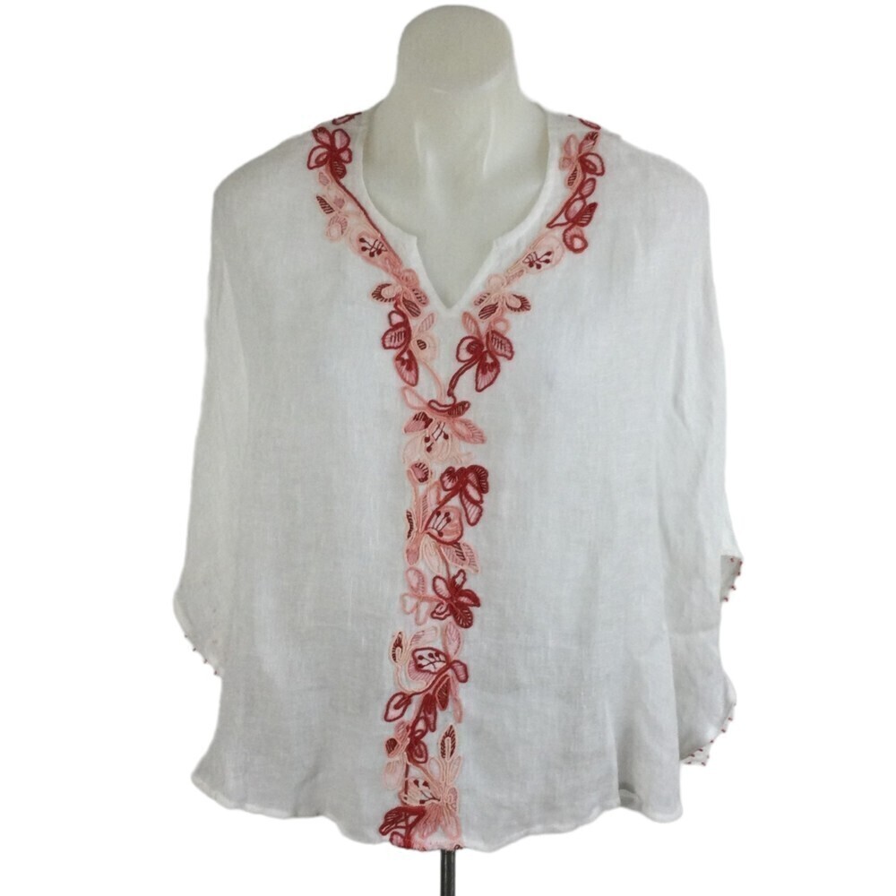 Zozo Womens Linen White Poncho Red Floral Embroidered Blouse Top Size Small NWT